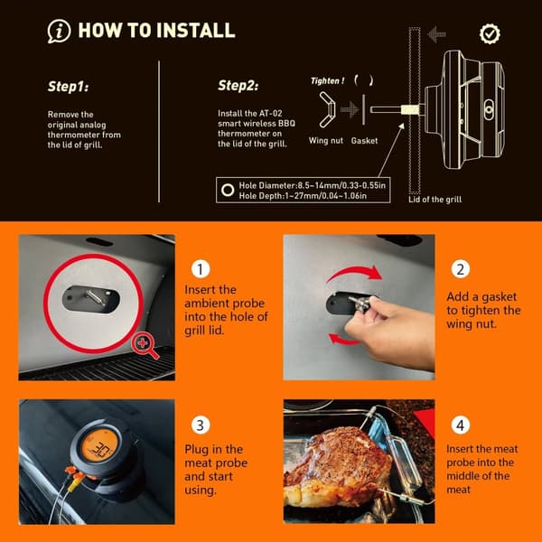 0-380°C smart Bluetooth matlagningstermometer med 2 sonder, grilltermometer med app-kontroll, avtagbar design