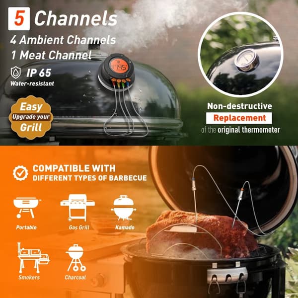 0-380°C smart Bluetooth matlagningstermometer med 2 sonder, grilltermometer med app-kontroll, avtagbar design