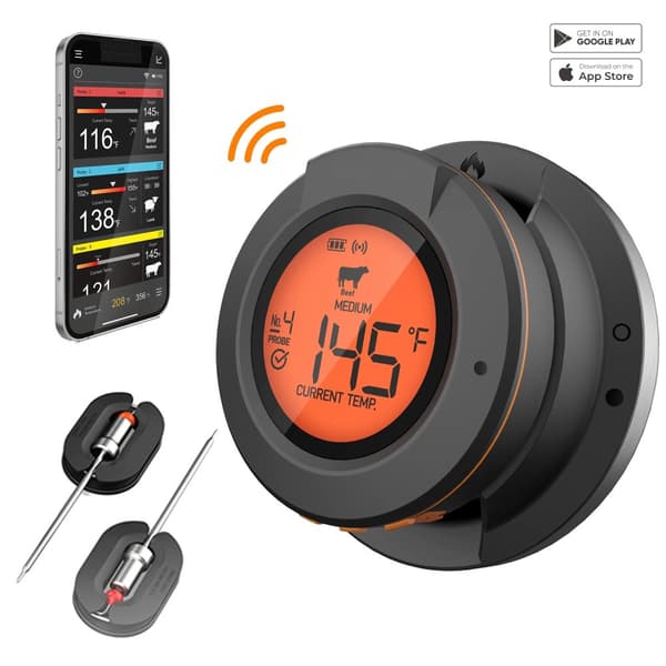 0-380°C smart Bluetooth matlagningstermometer med 2 sonder, grilltermometer med app-kontroll, avtagbar design