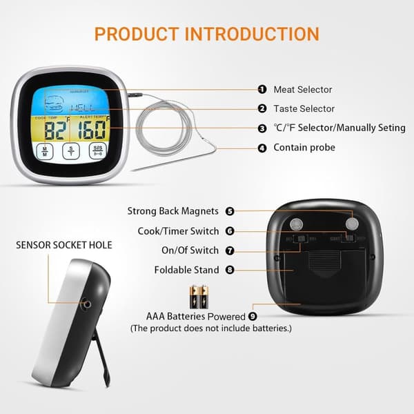 Lollanda Kötttermometer med Touchskärm /Termometer för kött - LCD, Vattentät, Kök, för ugn, till barbequegrill och Grill