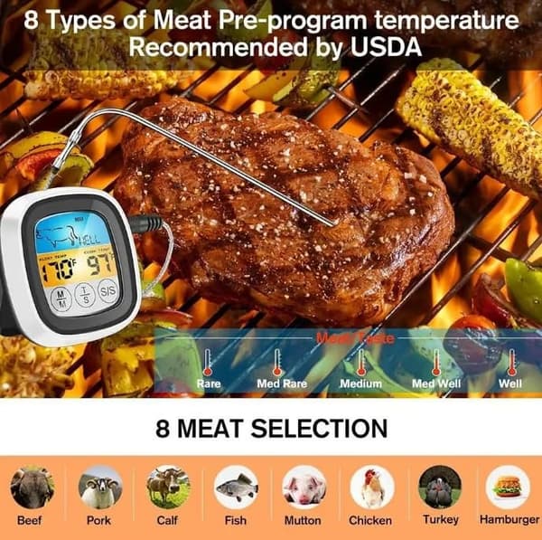 OBOSOE Digital kökstermometer med pekskärm – kött- & BBQ-temperaturmätare med sond och blå LCD