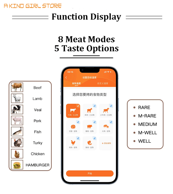 Trådlös Kötttermometer, Temperaturområde -30℃~300℃, Smart App Kontroll
