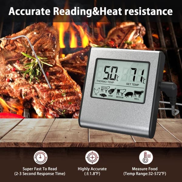 OBOSOE Digital Ugnstermometer / Stektermometer med Timer och Ljudsignal – LCD Kötttermometer för Grill, Ugn och Rökning