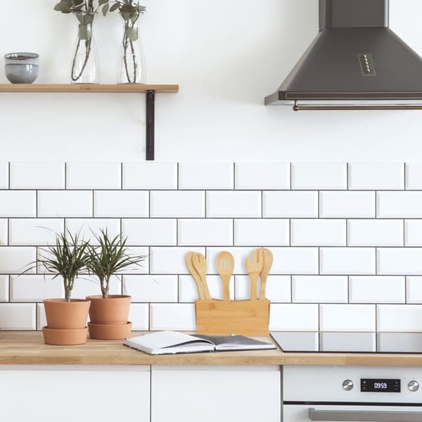 Relaxdays Kökredskapshållare i bambu, 4 fack, med handtag, bestickhållare, servetter, natur