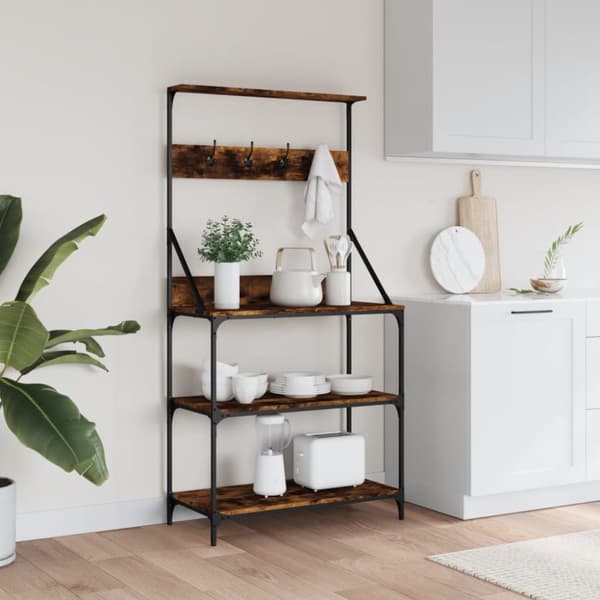 The Living Store køkkenreol med knager og 4 hylder konstrueret træ røget egetræ -  Holdere til køkkenredskaber