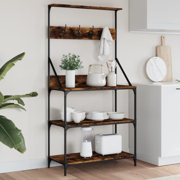 The Living Store køkkenreol med knager og 4 hylder konstrueret træ røget egetræ -  Holdere til køkkenredskaber