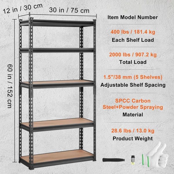 12 x 30 x 60 tum 400 lbs/hylla kapacitet 5-hyllor vertikalt förvaringsställ, justerbar hyllhöjd, tålig och lätt att installera