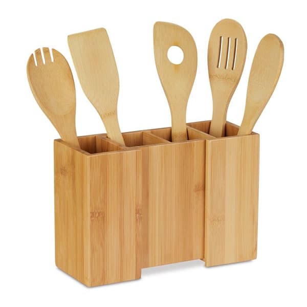 Relaxdays Bamboo köksredskapshållare, set med 5 skedar, separerbar förvaring, 17 x 25 x 10 cm, naturlig