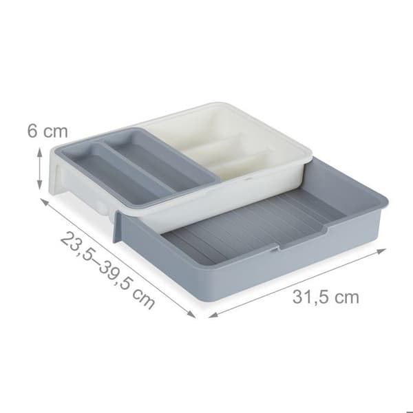 Relaxdays Utensilhållare utbyggbar, 7 fack, bestick och köksredskap, plast, HlP 6 x 23,5x31,5cm, grå