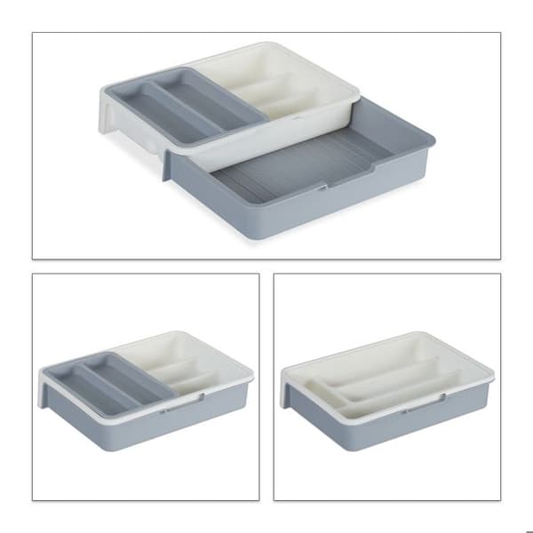 Relaxdays Utensilhållare utbyggbar, 7 fack, bestick och köksredskap, plast, HlP 6 x 23,5x31,5cm, grå