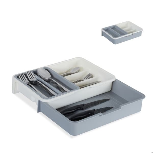 Relaxdays Utensilhållare utbyggbar, 7 fack, bestick och köksredskap, plast, HlP 6 x 23,5x31,5cm, grå