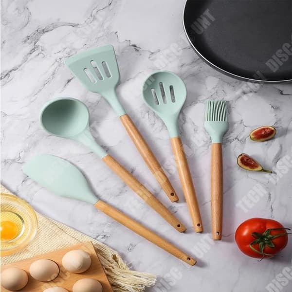 TD® redskapssats, köksredskapssats i silikon, handtag av bambu, köksredskap, giftfri - Grön 12 st.