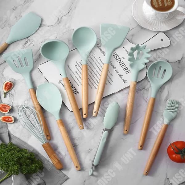 TD® redskapssats, köksredskapssats i silikon, handtag av bambu, köksredskap, giftfri - Grön 12 st.
