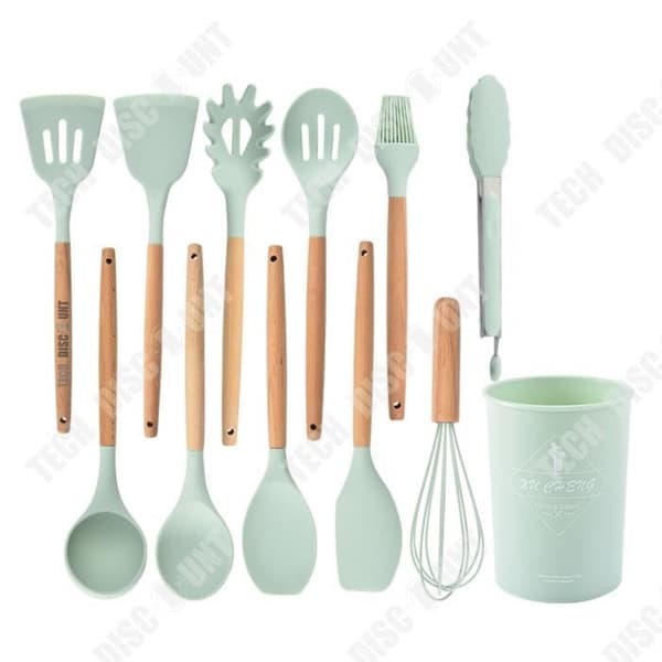 TD® redskapssats, köksredskapssats i silikon, handtag av bambu, köksredskap, giftfri - Grön 12 st.