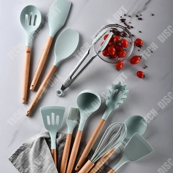 TD® Lagringsfat Färskt grönt trähandtag Silikon Högtemperaturspatel Non-Stick köksredskap 12 stycken