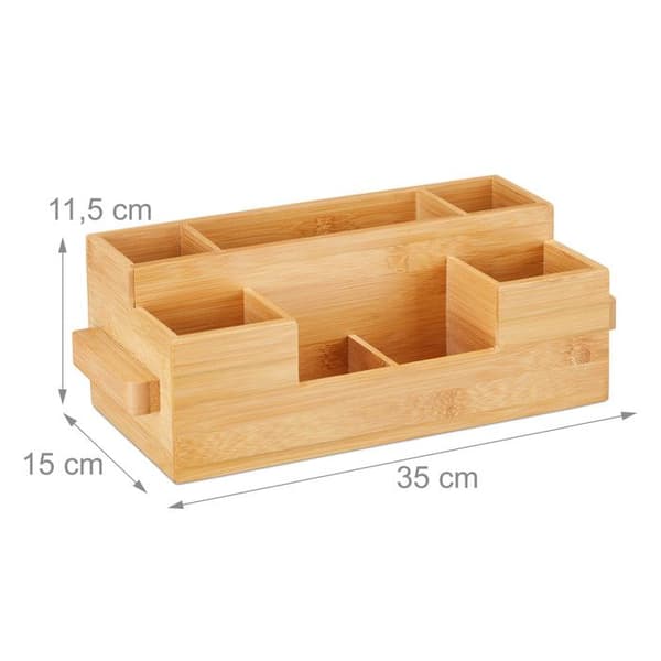 Relaxdays Bestickningshållare, 7 fack, Bordsförvaring för servetter, bestick, HLP 11,5 x 35 x 15 cm, naturlig