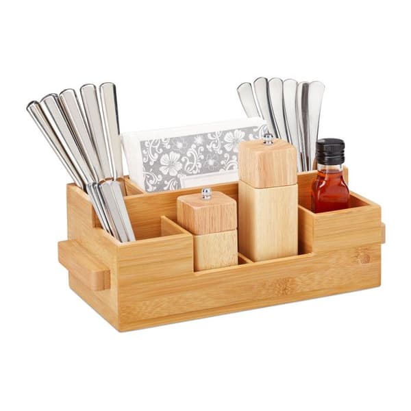 Relaxdays Bestickningshållare, 7 fack, Bordsförvaring för servetter, bestick, HLP 11,5 x 35 x 15 cm, naturlig