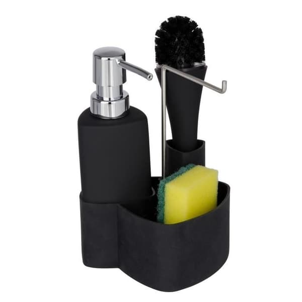 WENKO Diskbänk, dispenser för diskmedel, svamphållare, borste, Empire, Keramik - Plast, svart