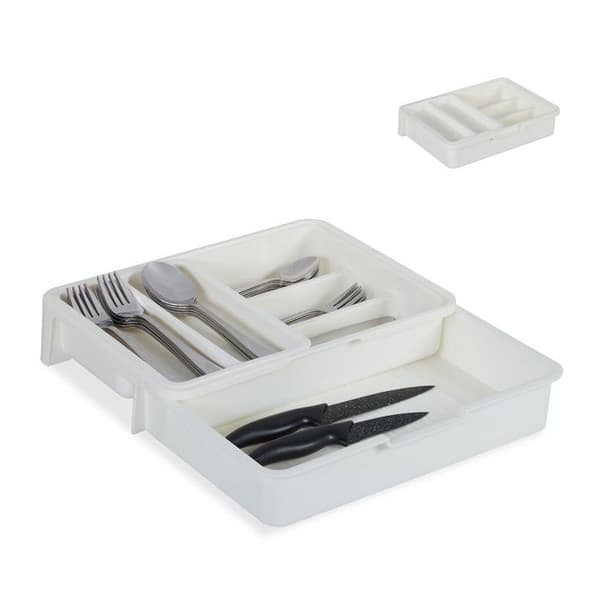 Relaxdays Bestickningsset, 7 fack, utdragbar bestick och köksredskap, plast, HlP 6 x 23,5x31,5cm vit