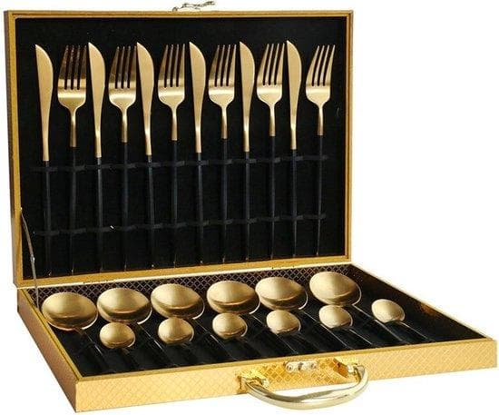 Bestick uppsättning 6 personer | 24-stycke | Guld med svart Bestick | Knivar Gafflar | Skedar Helt set