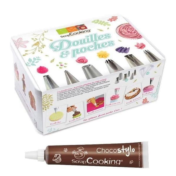 Coffret för bakning 6 rostfria munstycken och engångspåsar + 1 chokladpenna
