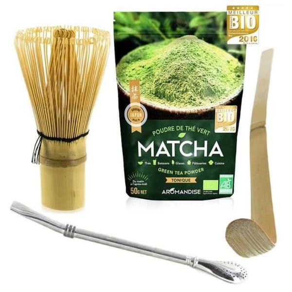 Matcha telåda + visp + bambusked + sugrör i rostfritt stål med filter