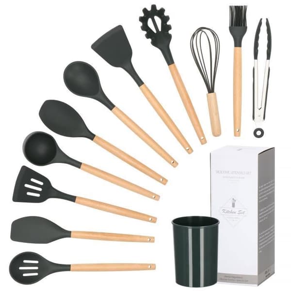 Köksredskap - Springos® - Set med 12 delar - Silikon och bambu - Grafit - Samtida design