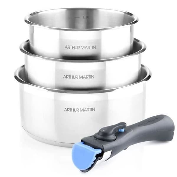 Uppsättning av 3 pannor 16-18-20 cm Arthur Martin AM3710 - Rostfritt stål - avtagbart handtag - Alla lampor inklusive induktion
