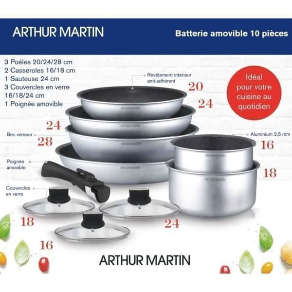 Arthur Martin AM167S 10 -Stycke Kök Batteri - Aluminium - Avtagbart handtag - Alla ljus inklusive induktion