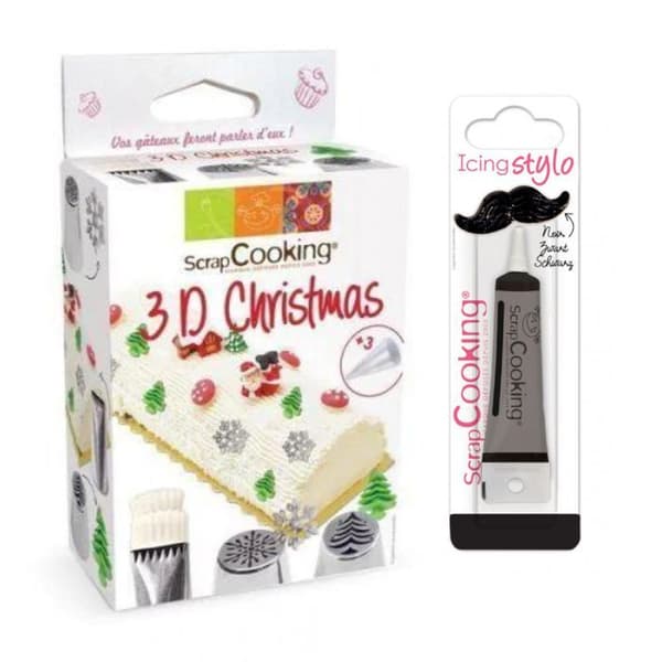 Kit med jul 3D bakverksmunstycken + svart glasyrpenna
