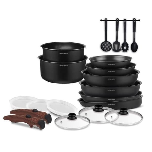 Köksredskap - Alla värmekällor inklusive induktion - Arthur Martin - AM0530 - Aluminium - Non-stick - 20 delar - Avtagbart handtag
