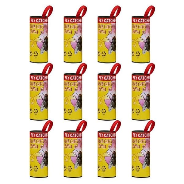 12 förpackningar med pappersflugremsor, flugtejp, upphängning inomhus och utomhus, fruktfläckfälla, flugor, 2