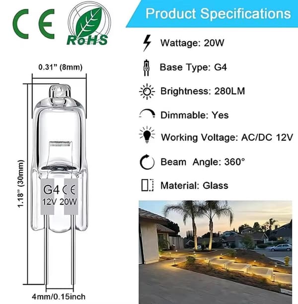 10-pakning G4 halogenlamper 20W 12V - Varm hvit