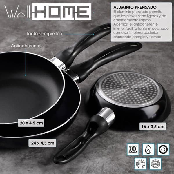 Well home mobiliario - dekoration - WH4266 - Lot om 3 stekpannor 16/20/24 CM pressad aluminium
