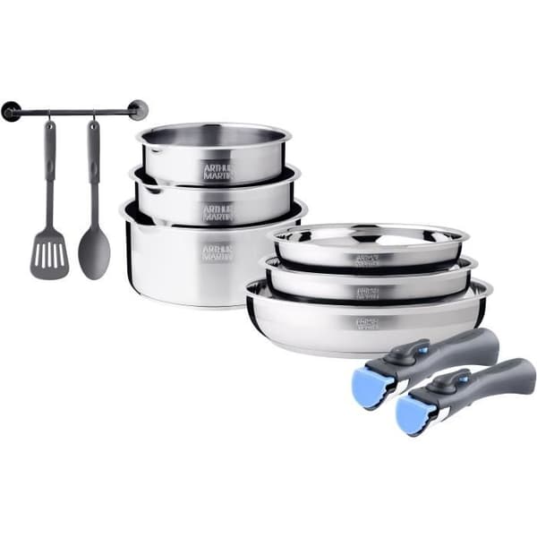 Induktionskärl set - Arthur Martin - AM2238 - Rostfritt stål - 10 delar - Avtagbart handtag - Alla hällar inklusive induktion