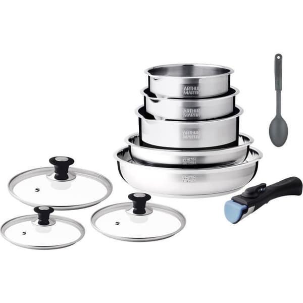 Induktionsset med kokkärl - Arthur Martin - AM4485 - Rostfritt stål - 10 delar - Avtagbart handtag - Alla hällar inklusive induktion