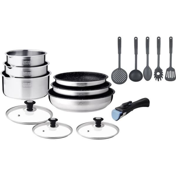 Induktionsset med kokkärl - Arthur Martin - AM1275 - Rostfritt stål - 15 delar - Avtagbart handtag - Alla hällar inklusive induktion