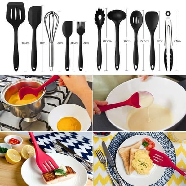 Köksredskap - Ej specificerat - 10-delat kit - Silikon - Svart - Ingår: spatel, visp, tång