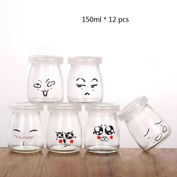 12 st 150 ml yoghurtburkar med rolig emotikondekor och lock - Dessertglasburk