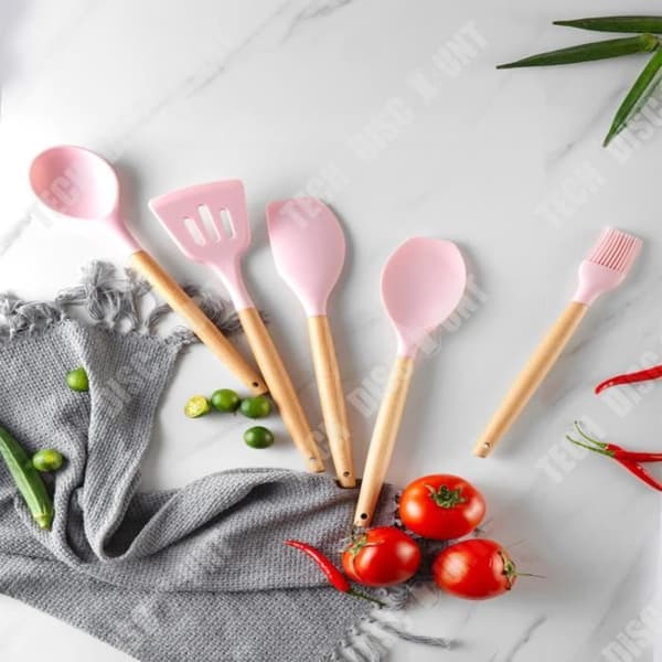 TD® redskapssats, non-stick silikon och trä köksredskap set, köksredskap - typ 11 st med hink C