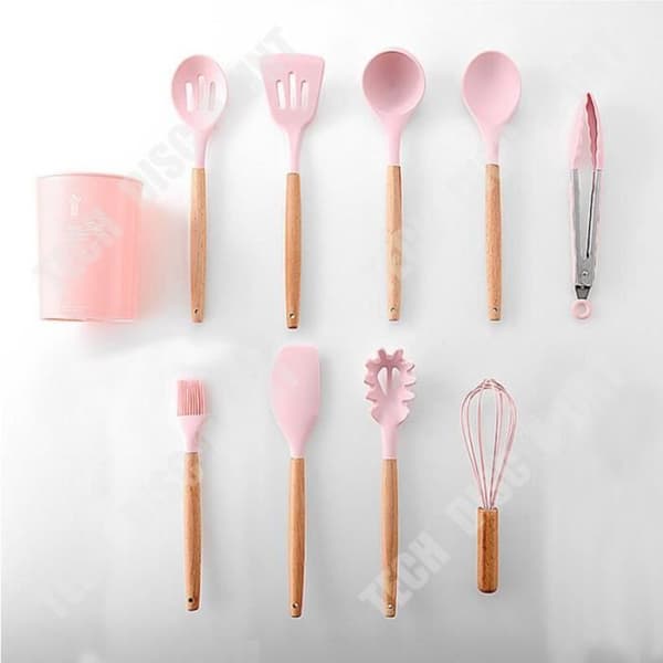 TD® trähandtag med rosa silikon köksredskap 11-delad skållningssäker och högtemperaturbeständig set