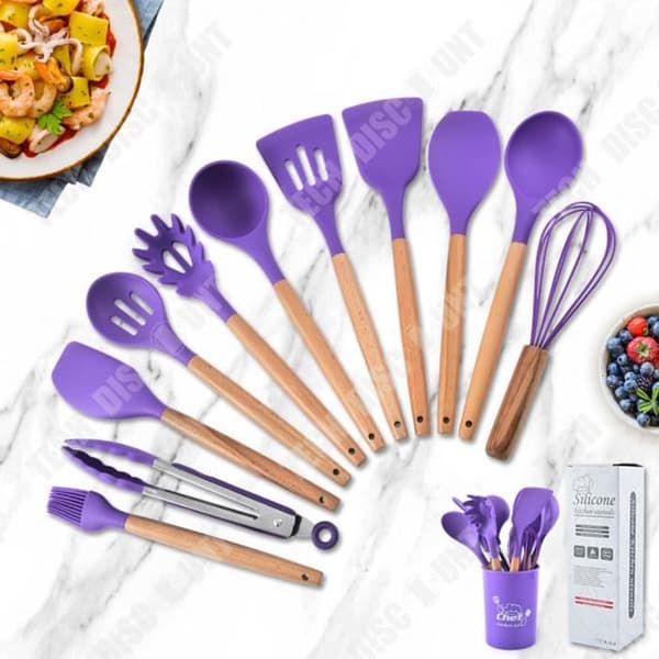 TD® KÖKSSKED Unisex - Köksredskapsset i silikon med trähandtag - Lila NS™