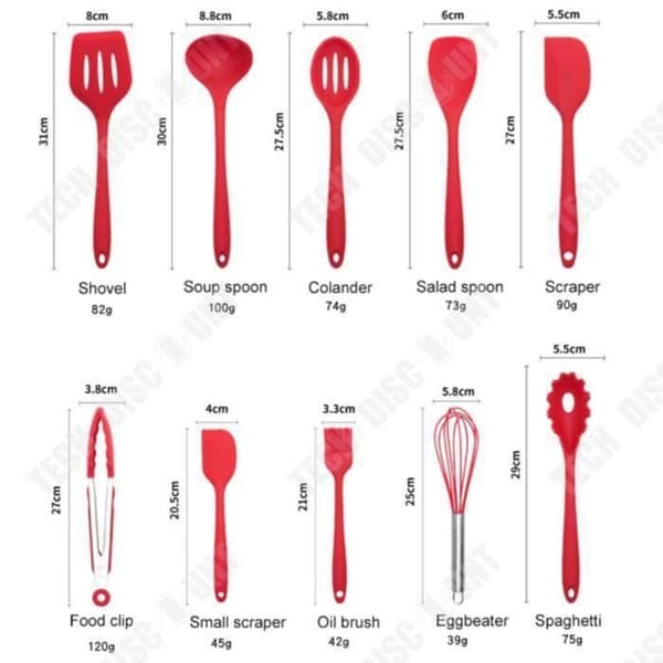 TD® 11 st Köksredskap Kit, Värmebeständig silikon Köksredskap Non-Stick Köksredskap-Röd