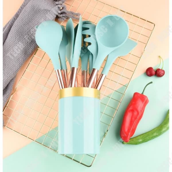 TD® Lot Bestick Set Köksredskap 10 delar Träfärg Grön spatel Sked Silikonstick Kulinarisk visp