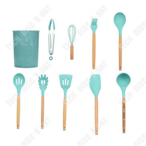 TD® Lot Bestick Set Köksredskap 10 delar Träfärg Grön spatel Sked Silikonstick Kulinarisk visp