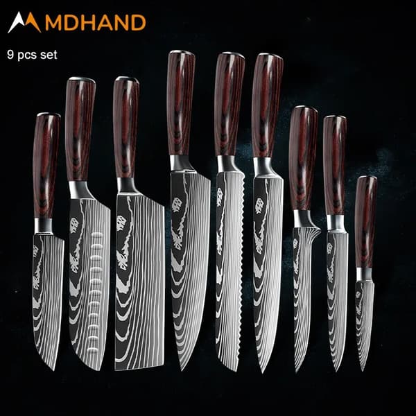 Køkkenknivssæt, premium rustfrit stålblade, ergonomiske træhåndtag,9PCS SÆT