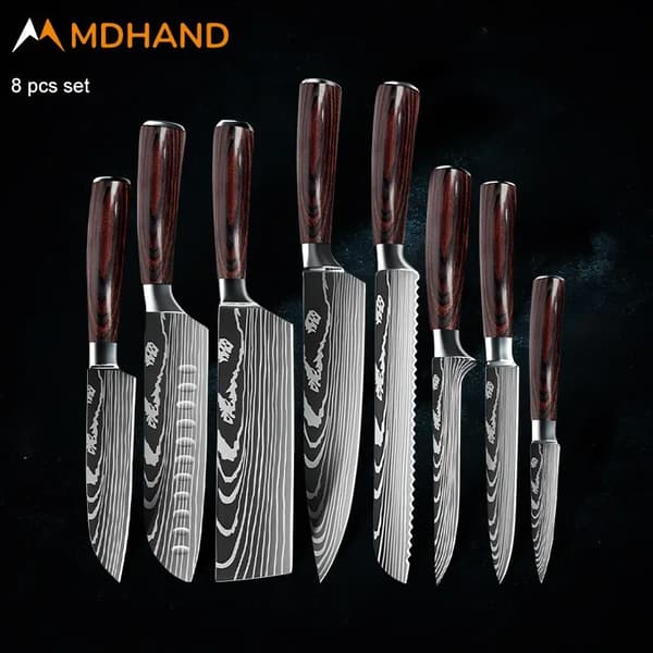 Køkkenknivssæt, premium rustfrit stålblade, ergonomiske træhåndtag,8PCS SÆT
