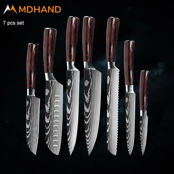 Køkkenknivssæt, premium rustfrit stålblade, ergonomiske træhåndtag,7PCS SÆT