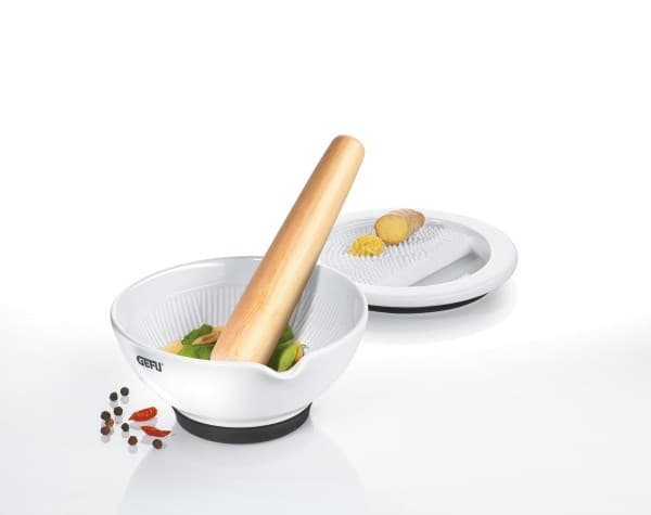 GEFU SURI Valnød, Hvid Porcelæn, Teaktræ Morter og støder