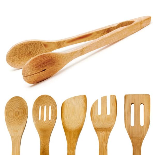 Köksredskapsset - Relaxdays - 6 delar - Ställning i bambu - 30 cm - Ljust brunt